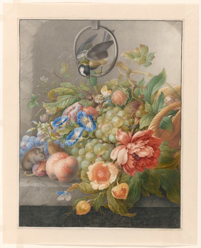Stillleben mit Blumen, Früchten, einer Kohlmeise und einer Maus von Herman Henstenburgh