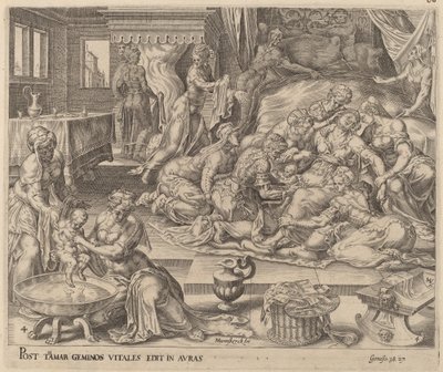 Die Geburt von Perez und Serach von Herman Jansz Muller after Maerten van Heemskerck