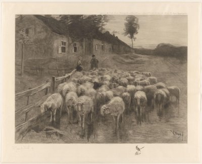 Hirte und eine Frau bei einer Schafherde von Herman Johannes van der Weele (signed by artist)