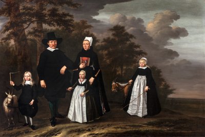 Eine Enkhuizer Familiengruppe mit zwei Ziegen in einer bewaldeten Landschaft von Herman Mijnerts Doncker