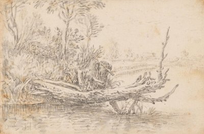 Ein umgestürzter Baum an einem Wasserufer von Herman Saftleven