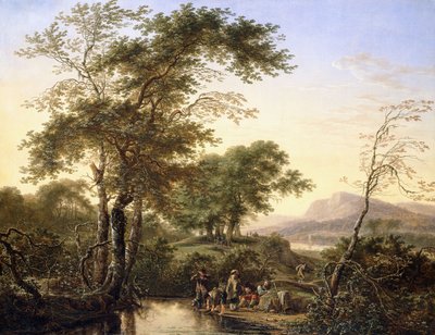 Eine weite italienische Flusslandschaft mit Reisenden an einem Teich, 1646 von Herman the Younger Saftleven