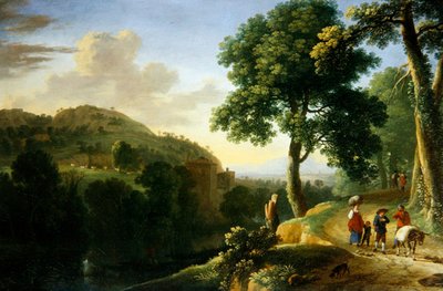 Eine italienische Landschaft mit Reisenden und einem Esel, ca. 1640 von Herman van Swanevelt