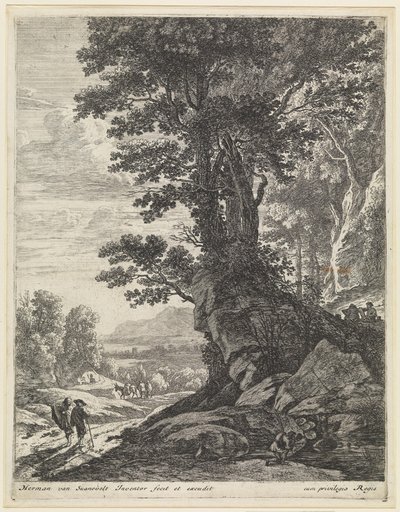 Landschaft mit Malern am Fuß einer Baumgruppe von Herman van Swanevelt