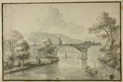 Fluss mit Bogenbrücke und Boot von Herman van Swanevelt