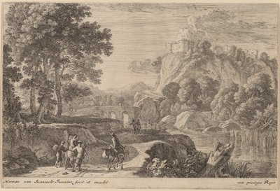 Reisende auf der Straße links von einem Bach von Herman van Swanevelt