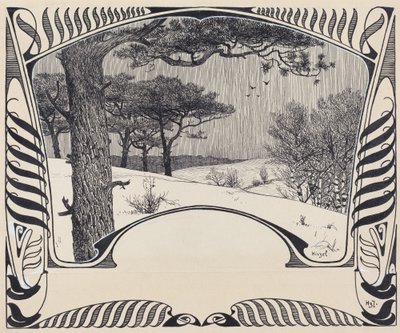 Eine Winterlandschaft innerhalb eines Jugendstilrahmens von Hermann Hirzel