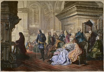Der König von Preußen Friedrich II. der Große (1712-1786) hört dem Komponisten Johann Sebastian Bach beim Spielen zu, Gravur nach einem Gemälde von Kaulbach - Friedrich II. der Große, König von Preußen, hört Johann Sebastian Bach an der Orgel in Sanssouci  von Hermann Kaulbach