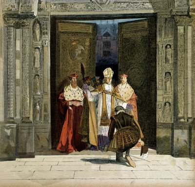 Abschwörung von Heinrich IV. (1553-1610) in der Abtei von Saint Denis in Anwesenheit des Erzbischofs von Bourges, Renaud de Beaune (1527-1606). Der König schwört am 25. Juli 1593 dem Protestantismus ab von Hermann Vogel