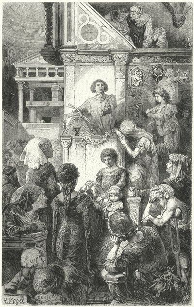 Giovanni Boccaccio rezitiert Dantes Göttliche Komödie vor dem Volk von Florenz, 14. Jahrhundert von Hermann Vogel