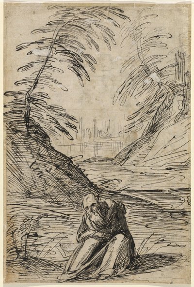 Wüstenlandschaft mit einem Einsiedler (verso) von Hermann Weyer