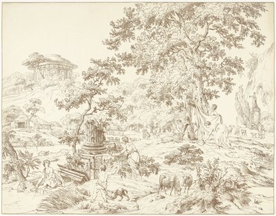 Arkadische Landschaft mit badender Frau von Hermanus Fock