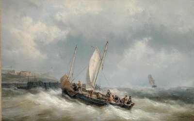 Ein Lugger, der bei einem Sturm in den Hafen einfährt von Hermanus Koekkoek