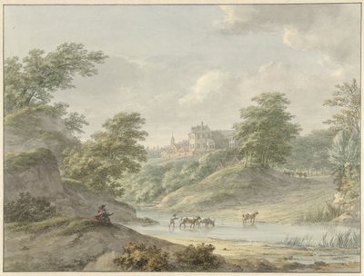 Landschaft mit sitzendem Zeichner und Schloss am Wasser von Hermanus Numan