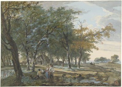 Landschaft mit einem Haus zwischen Bäumen und einem Weg entlang der Felder von Hermanus van Brussel