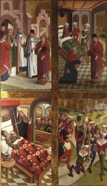 Szenen aus dem Leben des Heiligen Nikolaus vom inneren Abschnitt des linken äußeren Flügels des ehemaligen Hauptaltars in der Nikolauskirche von Hermen Rode