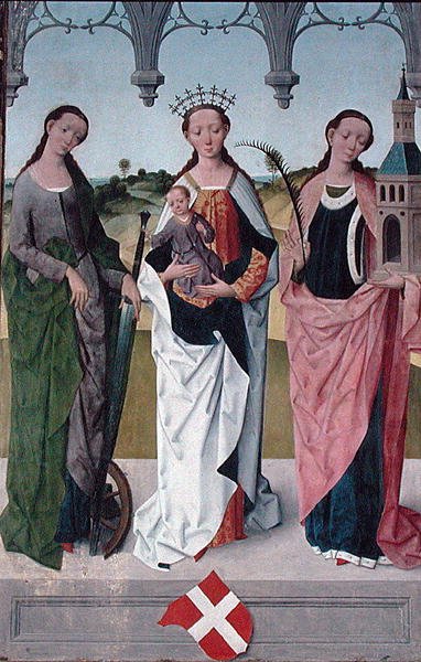 Die heilige Katharina, die Jungfrau Maria und die heilige Barbara, vom Hochaltar der St. Nikolaus Kirche, 1481 (Detail) von Hermen Rode