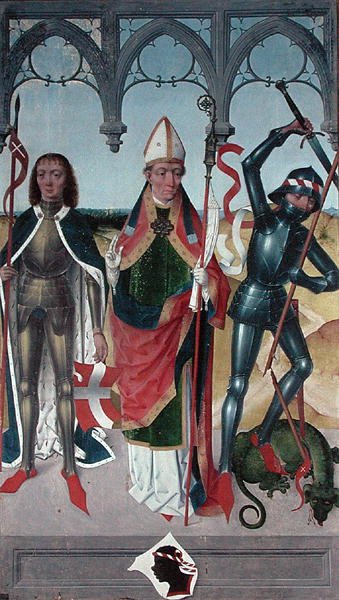 Der heilige Georg, der heilige Nikolaus und der heilige Viktor von Marseille, vom Hochaltar der St. Nikolaus Kirche, 1481 (Detail) von Hermen Rode