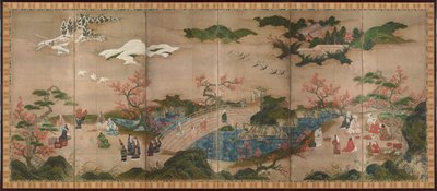 Die Zuschauer der Ahornbäume - Sechsteiliges Paravent - Werk von Kano Hideyori (aktiv 1565-1576), Aquarell und Tinte auf Papier - Japanische Kunst von Hideyori Kano