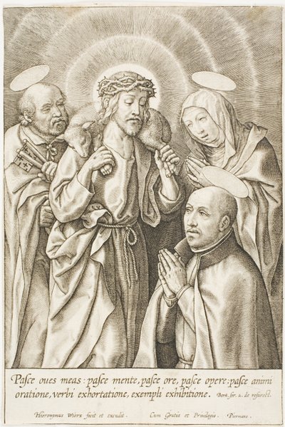Ignatius von Loyola kniet vor Christus, der Jungfrau und St. Peter von Hieronymous Wierix