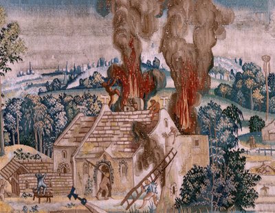 Flämischer Wandteppich. Serie Vier Wandteppiche nach Hieronymus Bosch. Der heilige Antonius im Gebet. Zweiter Wandteppich der Serie. Modell Inspiriert von der Arbeit von Hieronymus Bosch. Herstellung Unbekannte Werkstatt, Brüssel. Vor 1560. Stoff Gold von Hieronymus (after) Bosch