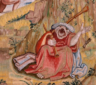 Flämischer Wandteppich. Serie Vier Wandteppiche nach Hieronymus Bosch. Der heilige Antonius im Gebet. Zweiter Wandteppich der Serie. Modell Inspiriert von der Arbeit von Hieronymus Bosch. Herstellung Unbekannte Werkstatt, Brüssel. Vor 1560. Stoff Gold von Hieronymus (after) Bosch