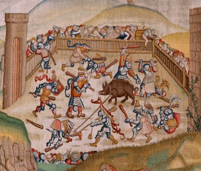 Serie Vier Wandteppiche nach Hieronymus Bosch. Heiliger Martin. Erster Wandteppich der Serie. Modell inspiriert von Hieronymus Bosch. Unbekannte Werkstatt, Brüssel. Vor 1560. von Hieronymus (after) Bosch