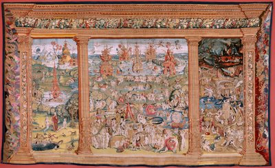 Flämischer Wandteppich. Serie Vier Wandteppiche nach Hieronymus Bosch. Der Garten der Lüste (Jardín de las Delicias). Vierter Wandteppich in der Serie. Modell Inspiriert von der Arbeit von Hieronymus Bosch. Herstellung Unbekannte Werkstatt, Brüssel. Vor 15 von Hieronymus (after) Bosch