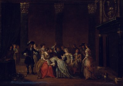 Eine elegante Gesellschaft in einem Innenraum mit einem Ehestreit von Hieronymus (follower of) Janssens