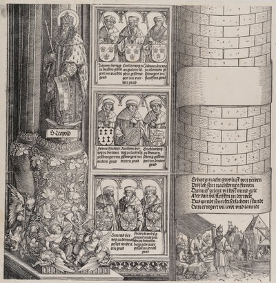 Maximilian als Architekt, mit einer Statue des Heiligen Leopold und Büsten von Maximilians Vorfahren, 1517-1518 von Hieronymus Andreae