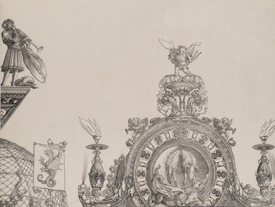 Der Gipfel des rechten Portals und ein Trompeter und Standarte vom zentralen Portal, ca. 1515 von Hieronymus Andreae