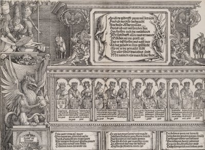Der obere Abschnitt des rechten Portals, mit der Inschrift auf einer Hirschhaut, ein Fries mit ..., 1515 von Hieronymus Andreae