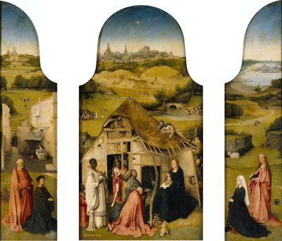 Anbetung der Könige, Innenansicht (Heiliger Petrus mit Stifter, Anbetung der Könige, Heilige Agnes mit Stifter) von Hieronymus Bosch
