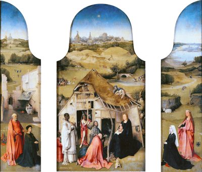 Anbetung der Könige, Innenansicht (Heiliger Petrus mit Stifter, Anbetung der Könige, Heilige Agnes mit Stifter) von Hieronymus Bosch