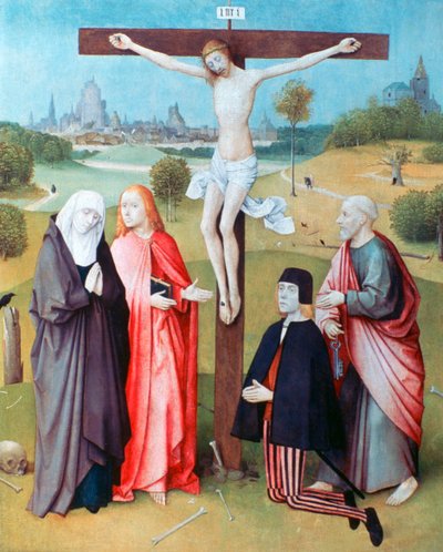 Christus am Kreuz mit Stiftern und Heiligen, um 1480-1516 von Hieronymus Bosch