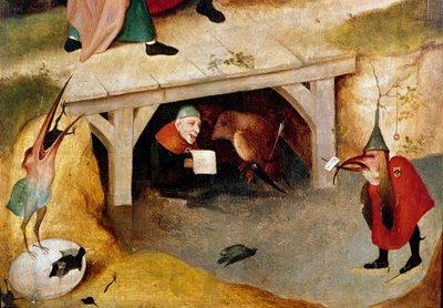 Triptychon der Versuchungen (Detail). Linke Seite: Die Flucht und der Fall des Heiligen Antonius des Großen. Gemälde von Hieronymus Bosch von Hieronymus Bosch