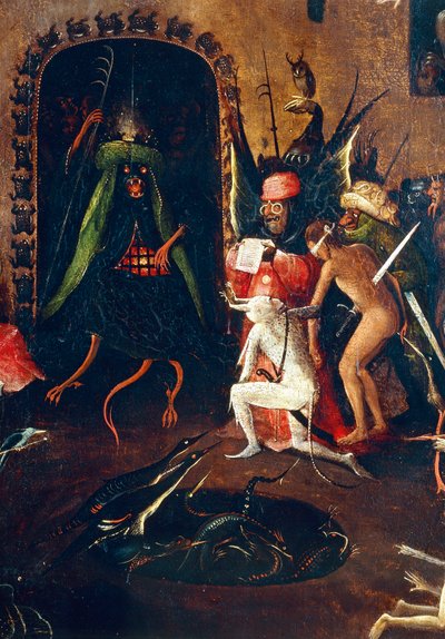 Triptychon des Jüngsten Gerichts, rechte Tafel. Die Hölle mit halb Mensch, halb Tier Monstern. Detail (Gemälde auf Holz, ca. 1504) von Hieronymus Bosch