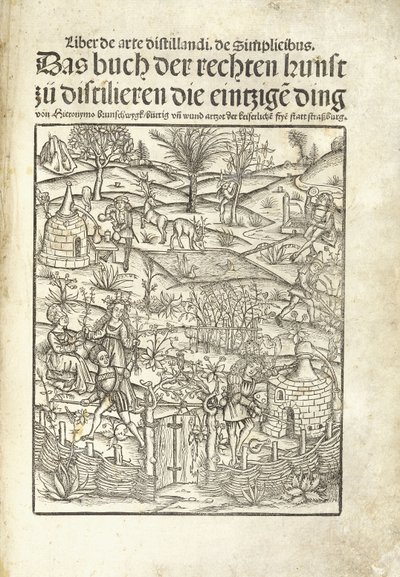 Titelseite, die Kräuterdestillerien mit Figuren in einer Landschaft darstellt von Hieronymus Brunschwig