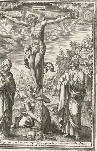 Kreuzigung mit Maria, Johannes dem Täufer und Maria Magdalena von Hieronymus Cock
