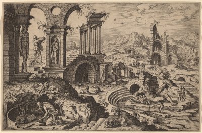 Heiliger Hieronymus in einer Landschaft mit Ruinen von Hieronymus Cock after Maerten van Heemskerck