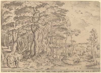 Landschaft mit der Versuchung Christi von Hieronymus Cock after Pieter Bruegel the Elder