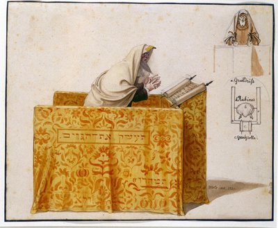 Aquarell, Feder, 27 x 33 cm. Rabbi in einer Synagoge, Zeichnung von Hieronymus Hess (1799 - 1850), Projekt für eine Figur. (JM 1190) Jüdisches Museum Basel, Schweiz. von Hieronymus Hess