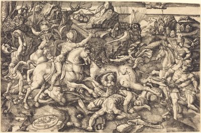 Kampf zwischen Reitern und Fußsoldaten von Hieronymus Hopfer after Raphael