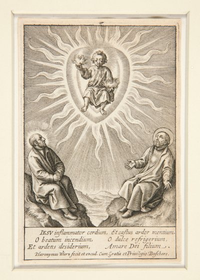 Das Kind mit einem flammenden Herzen zwischen Ignatius von Loyola und Franz Xaver von Hieronymus Wierix