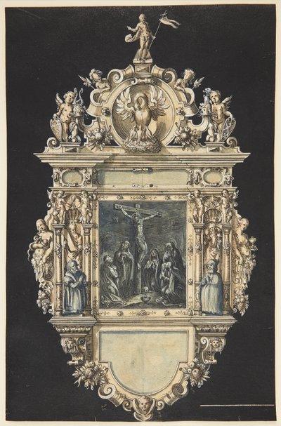 Entwurf für ein Epitaph mit der Kreuzigung Christi. Ein reich verzierter Rahmen mit zahlreichen Figuren von Hieronymus Wierix