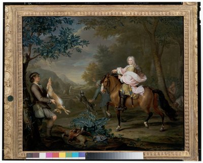 Ein Herr zu Pferd mit Jägern in einer weiten Landschaft von Hieronymus van der Mij