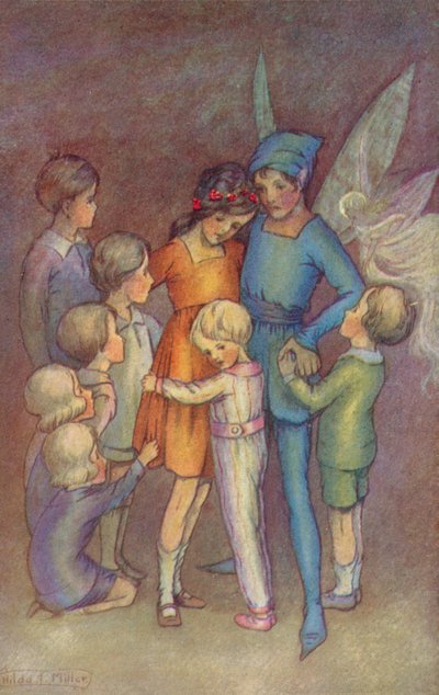 Peter Pan und Tinkerbell (Farblithographie) von Hilda Theodora Miller