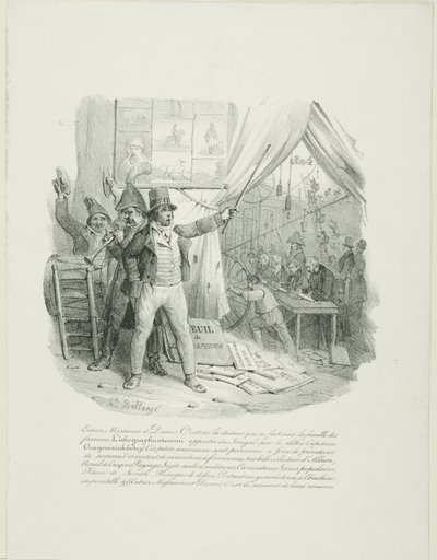 Kommen Sie herein, meine Damen und Herren, drinnen sehen Sie die berühmte Lithographantoccini-Familie... Frontispiz für "Album von 1824" von Hippolyte Bellange