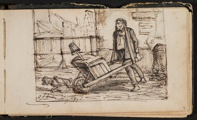 Mann mit Schubkarre und kleinem Hund (Seite aus einem Skizzenbuch) von Hippolyte Boulenger