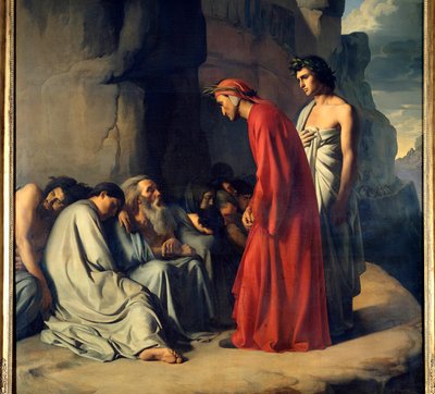 Dante und Virgil in der Hölle oder Dante, geführt von Virgil, bietet den Seelen der Neidischen Trost. Illustration der Hölle der Göttlichen Komödie von Dante Alighieri von Hippolyte Flandrin
